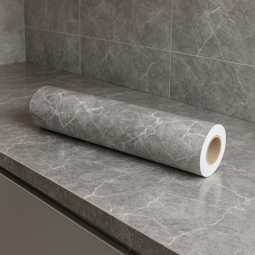 rollo papel adhesivo mármol gris sobre encimera y respaldo cocina