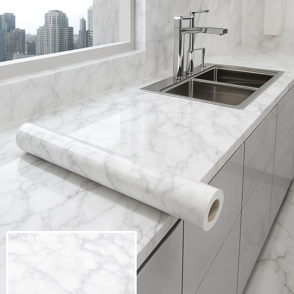 encimera y pared de cocina revestida con papel adhesivo mármol blanco y grifería cromada